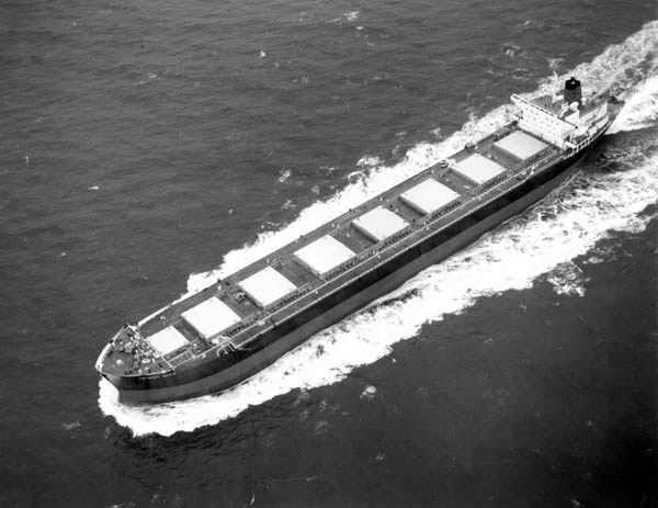 Overhead view of ship on sea trials