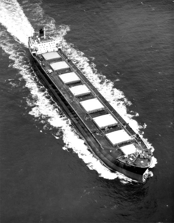 Overhead view of ship on sea trials