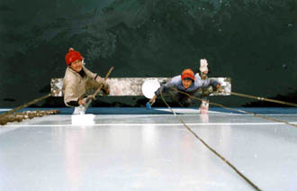 Two seamen painting ship's side